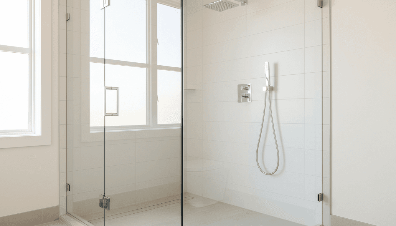 Frameless shower door with precision-engineered tempered glass installation