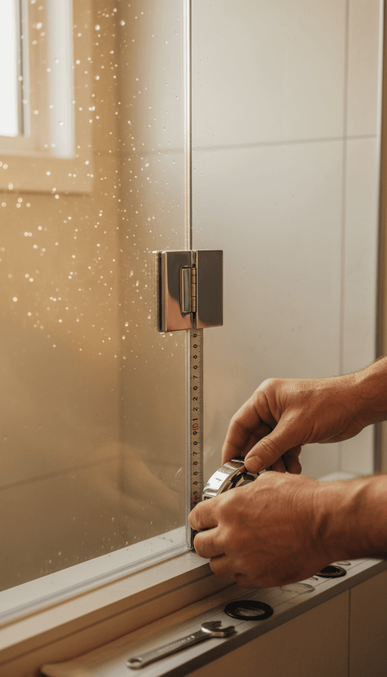 Craftsperson measuring and inspecting frameless glass shower door installation with precision