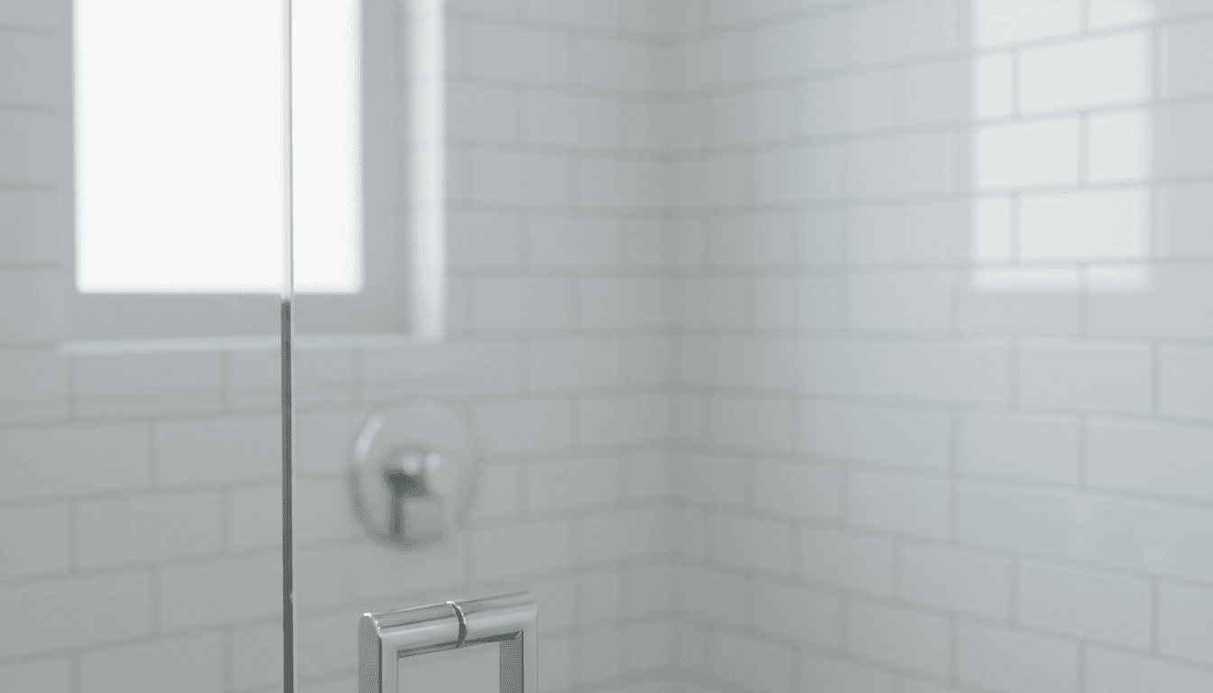 Close-up of frameless shower door showing precision tempered glass and polished chrome hardware