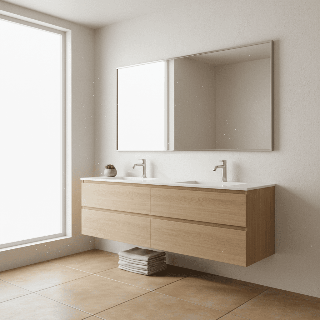 Custom mirror installation above modern bathroom vanity with natural light reflection