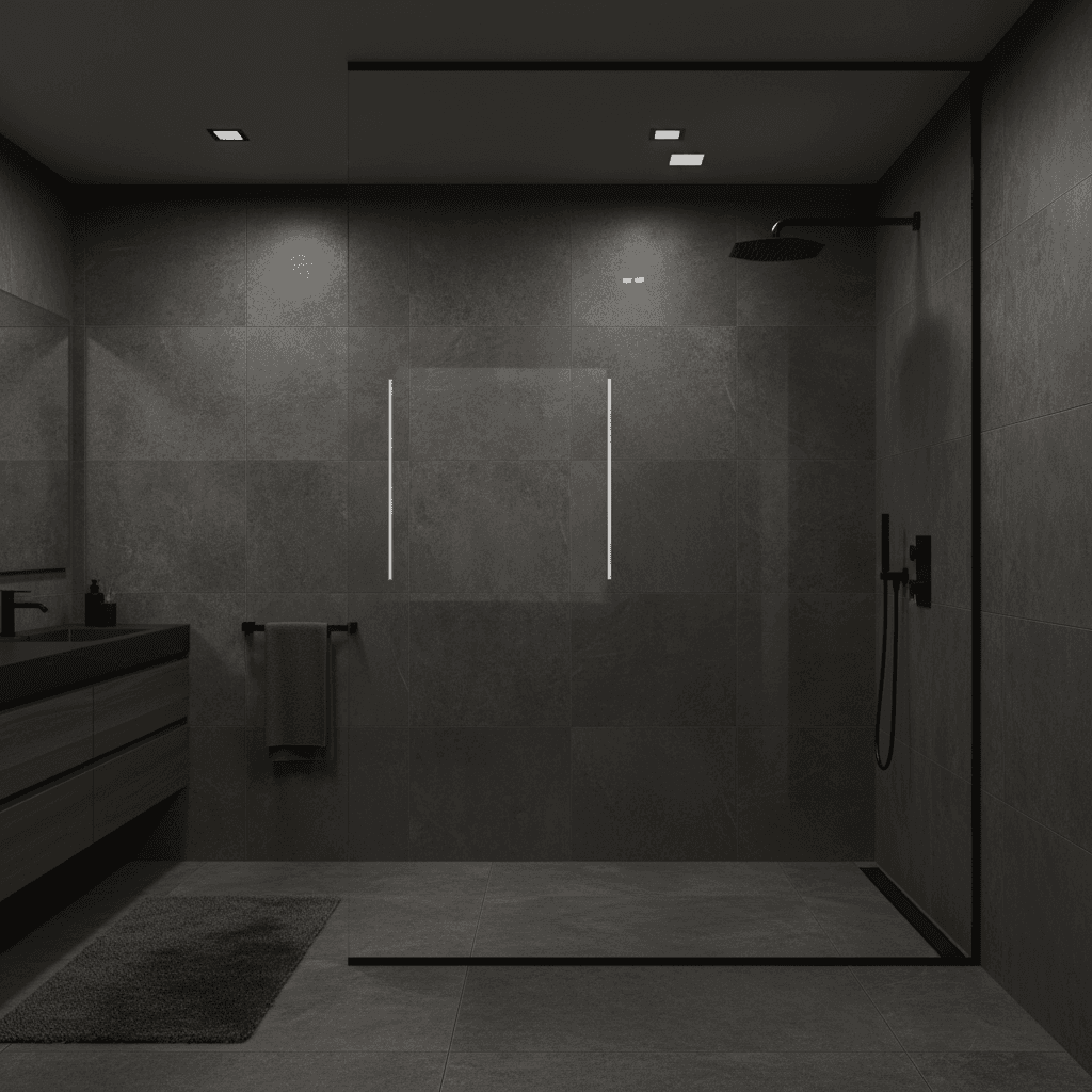 Floor-to-ceiling frameless shower installation with premium hardware and clear glass panels