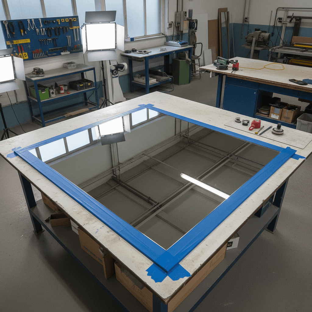 Custom mirror panel on work surface showing full dimensions and glass quality