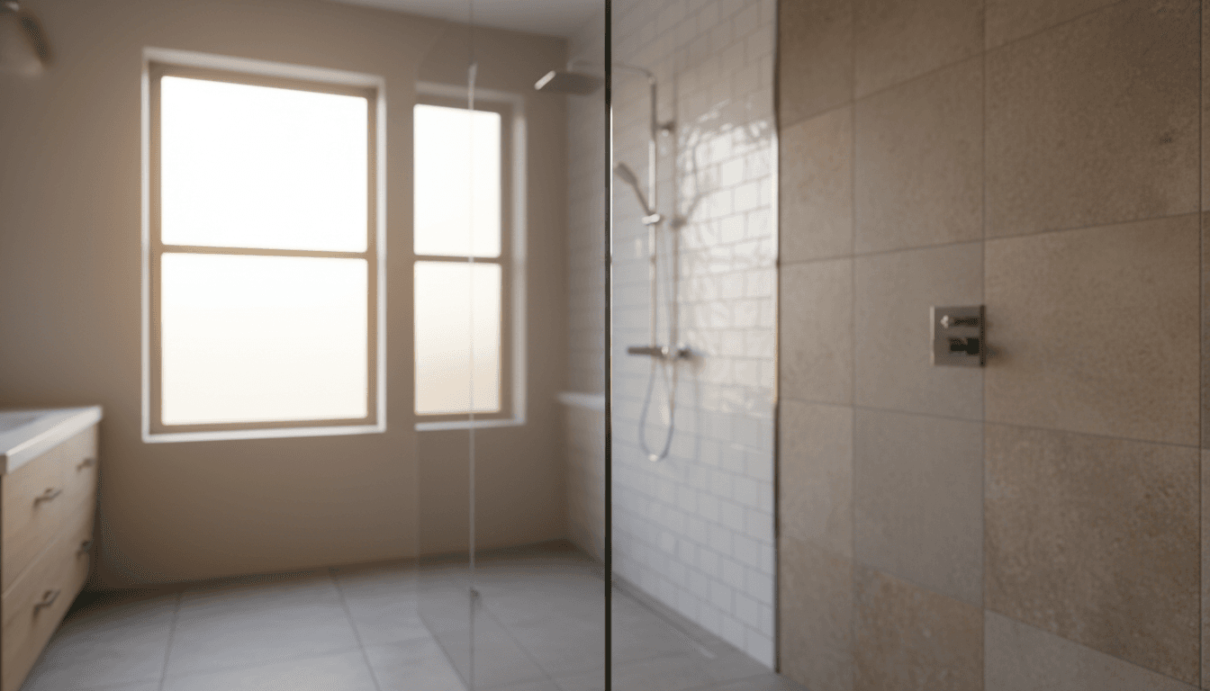 Modern frameless shower door installation with crystal-clear tempered glass and professional chrome hardware